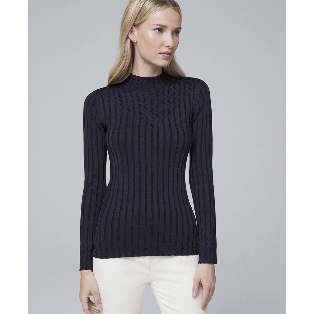 White House Black Market Women LARGE Mock Neck Sweater‎ Navy Blue Black
